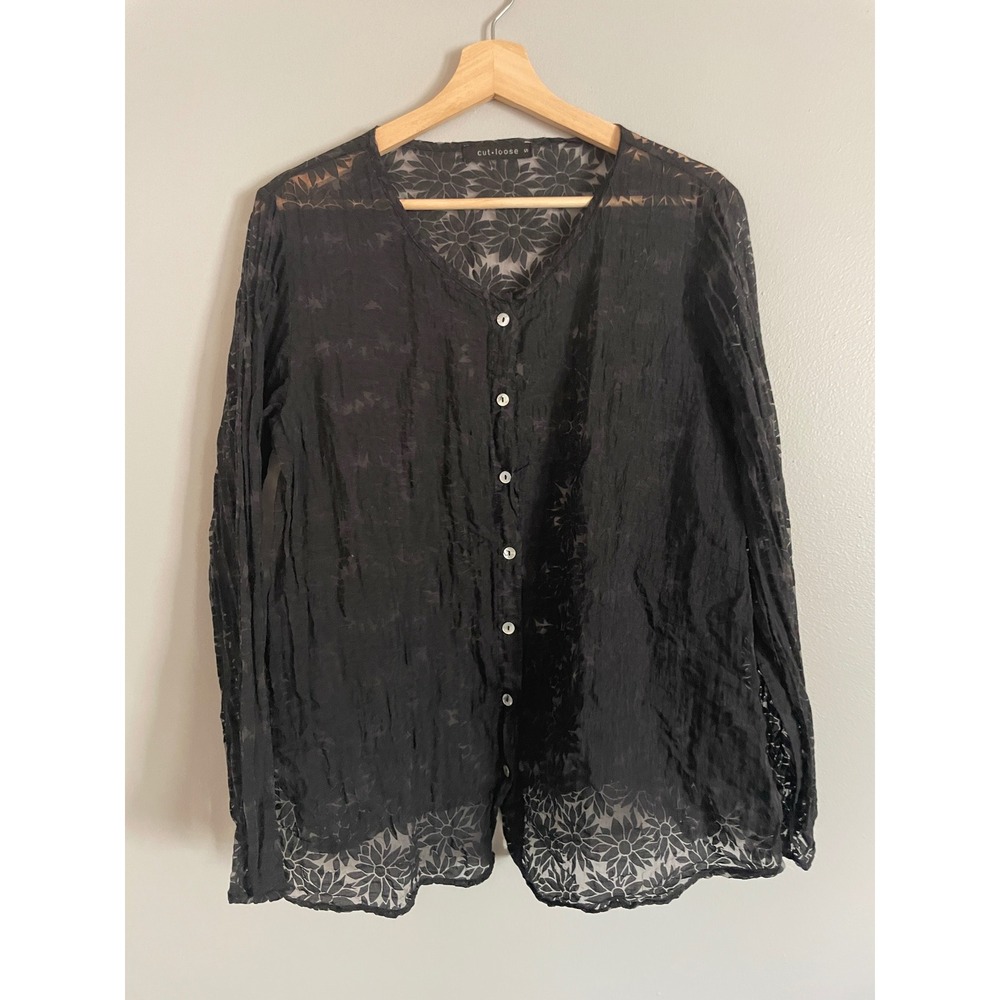 Cut Loose Blouse Womens Small Black Sheer Burnout Floral Crinkle Lagenlook Top